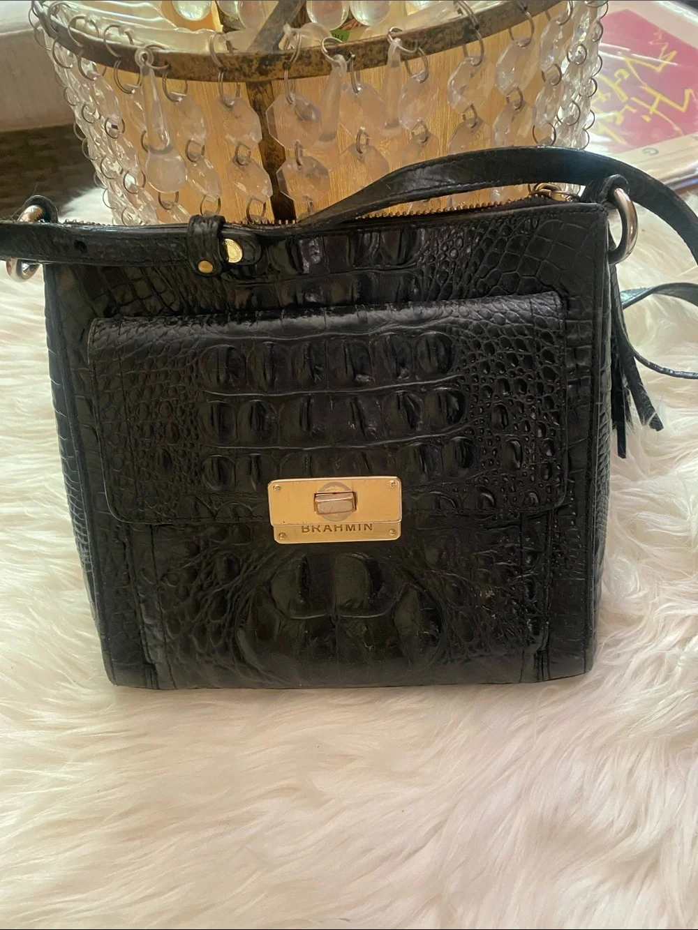 Brahmin - vintage Black Croc-Embossed Leather Crossbody with Tassel